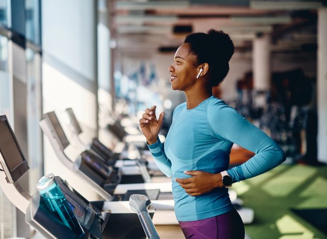 fit woman running on a treadmill, exercise ideas and nutrition tips for women in their 40s